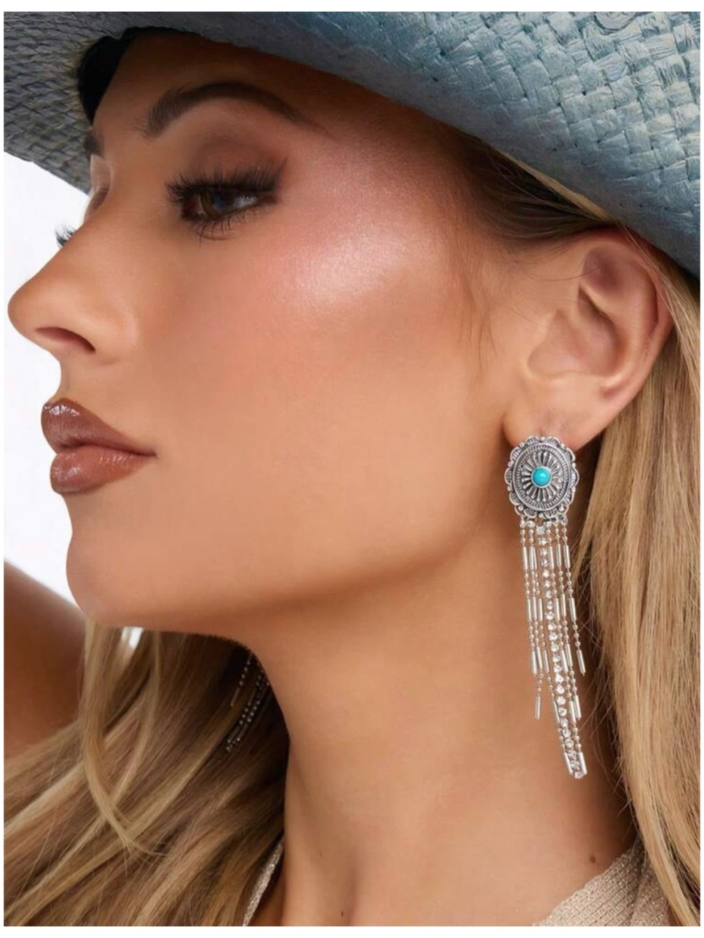 Turquoise accent silver fringe western drop earrings, new!